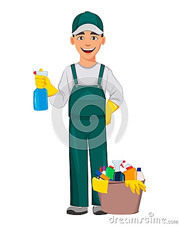 Cleaning service concept. Cheerful cartoon character Vector Illustration