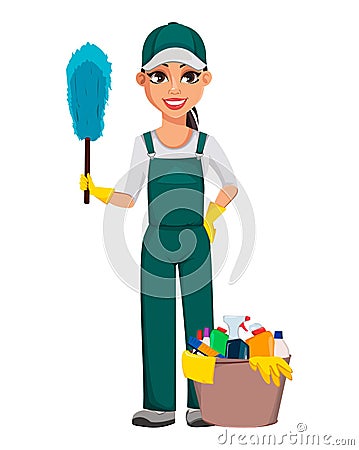 Cleaning service concept. Cheerful cartoon character Vector Illustration