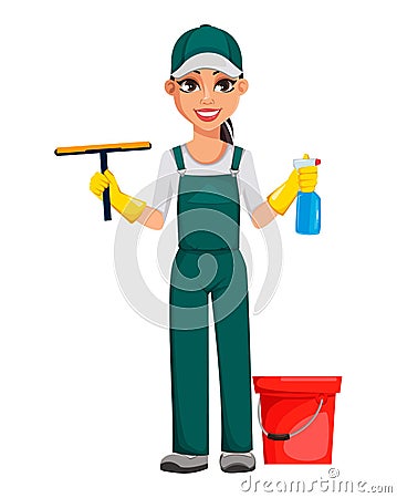 Cleaning service concept. Cheerful cartoon character Vector Illustration