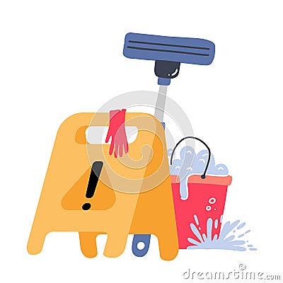 Cleaning service concept. Creative modern web banner - Yellow Caution wet floor sign, plastic red bucket, mop, latex Vector Illustration