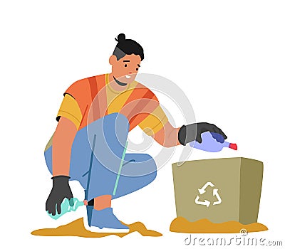 Cleaning Service Concept. Janitor Male Character Street Cleaner Pick Up Trash on Beach City Park and Put into Litter Bin Vector Illustration