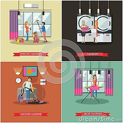 Cleaning service concept vector illustration in flat style. Housekeeping company team at work. Vector Illustration