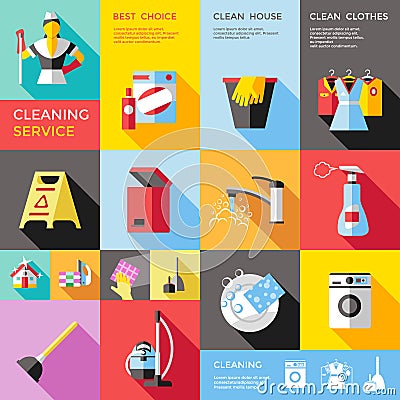 Cleaning Service Decorative Flat Icons Set Vector Illustration