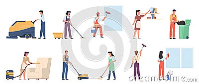 Cleaning service. Employees in uniform with professional industrial washer equipment, male and female staff with Vector Illustration