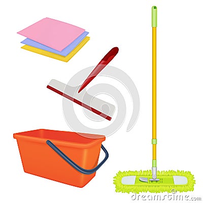 Cleaning service equipment. Bucket brush floor broom washing tools vector realistic set Vector Illustration