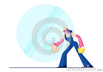 Cleaning Service, Female Character Wearing Blue Uniform Overalls Washing and Wiping Window with Rag. Woman Employee Vector Illustration