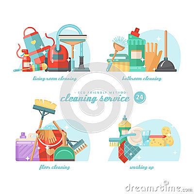 Cleanup colorful set. Cleaning service 24 hours vector illustration in modern flat design. Vector Illustration