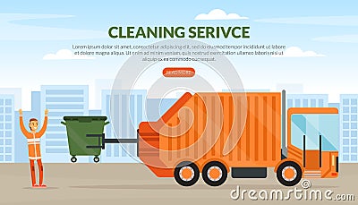 Cleaning Service Landing Page with Man Waste Collector or Garbageman in Orange Uniform Collecting Municipal Solid Waste Vector Illustration