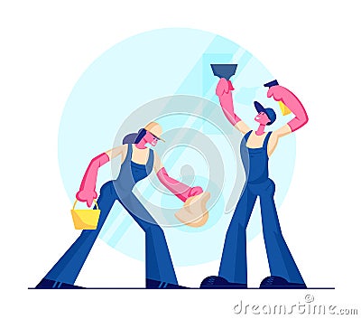 Cleaning Service, Male and Female Characters Wearing Blue Uniform Overalls Washing and Wiping Window with Rag Vector Illustration