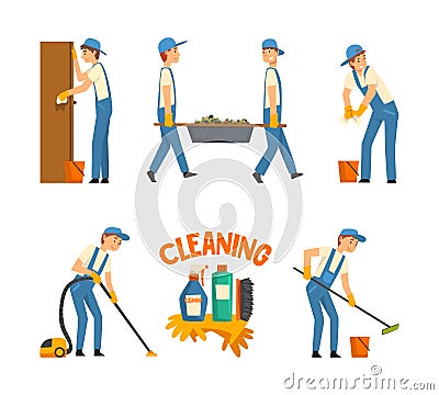 Cleaning Service with Man Doing Domestic Chores and Housekeeping Vector Set Vector Illustration