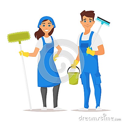 Cleaning service man and woman Vector Illustration