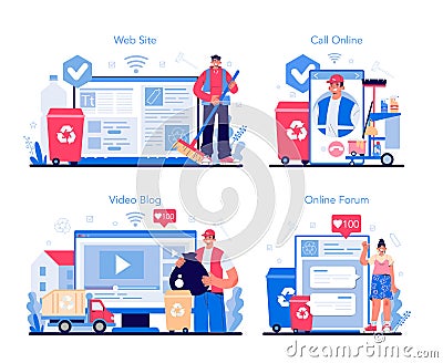 Cleaning service online service or platform set. Cleaning staff Vector Illustration