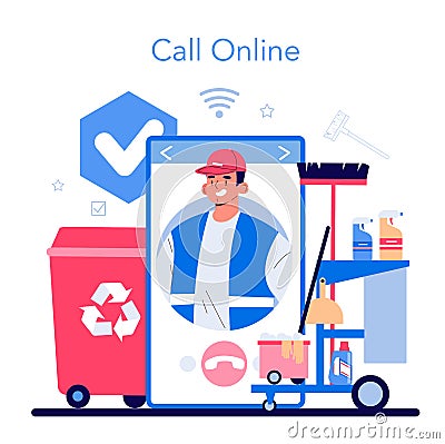 Cleaning service online service or platform. Cleaning staff Vector Illustration