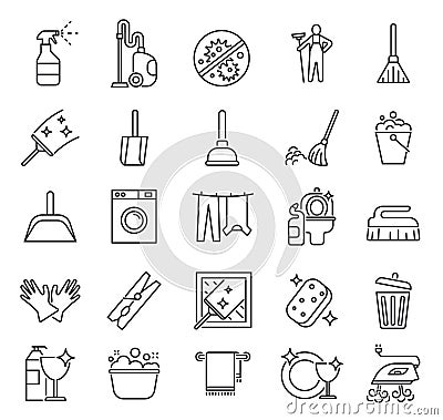 Cleaning service. Outline clean symbols, householding. Laundry housework cleaner. Mirror glass, towel and water simple Vector Illustration