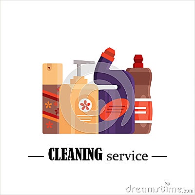 Cleaning service. Set house cleaning tools on white background. Detergent and disinfectant products, household Vector Illustration