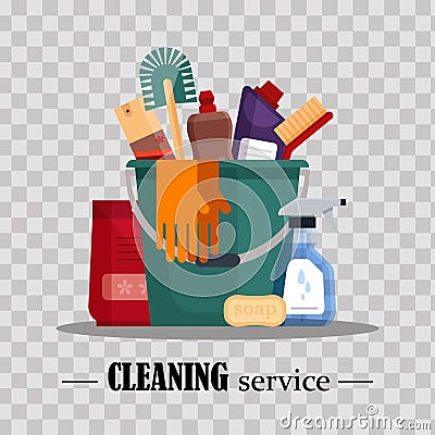 Cleaning service. Set house cleaning tools in bucket on transparent background. Detergent and disinfectant products Vector Illustration