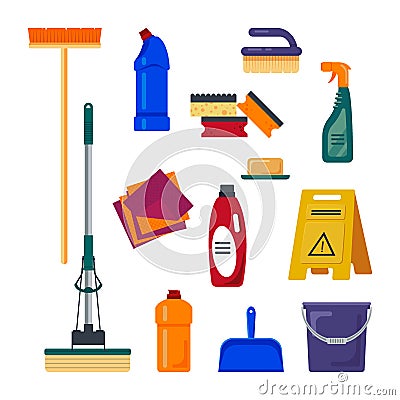 Cleaning service. Set house tools icons logo isolated on white background, flat vector illustration, household Vector Illustration