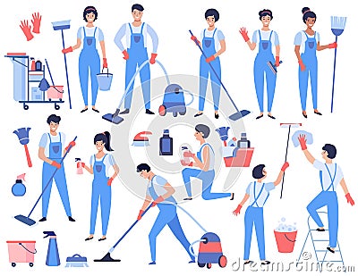 Cleaning service set. Men and women dressed in uniform. Vector Illustration