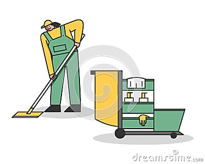 Cleaning Service And Staff Concept. Woman In Uniform Washing Floor By Mop. Janitorial Cleaning Cart With Tools Vector Illustration