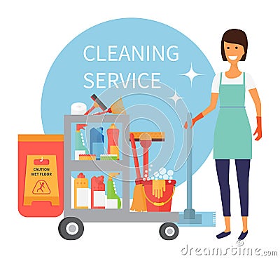 Cleaning service staff, janitor with trolley full of supplies and household equipment tools. Vector icons Vector Illustration