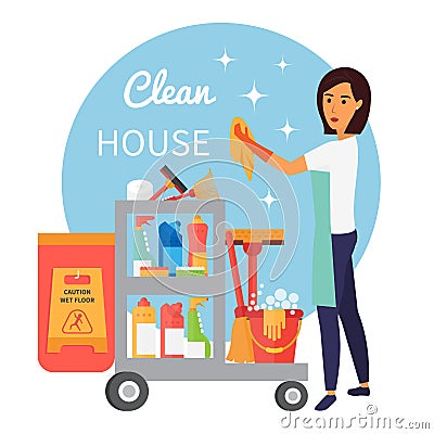 Cleaning service staff, janitor with trolley full of supplies and household equipment tools. Vector icons Vector Illustration