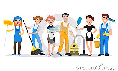 Cleaning service staff smiling cartoon characters isolated on white background. Men and women dressed in uniform vector Vector Illustration