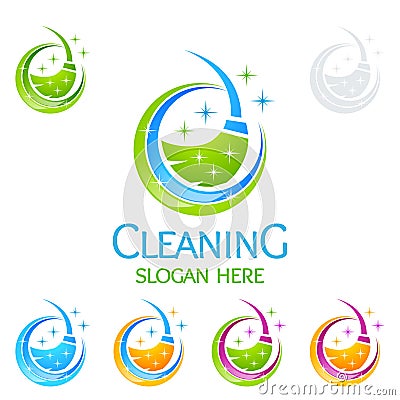 Cleaning Home Service vector Logo design, Eco Friendly with shiny broom and circle Concept Vector Illustration