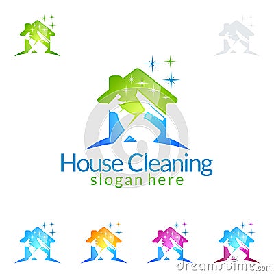 House Cleaning Vector Logo Design, Eco Friendly with shiny glass brush and spray Concept isolated on white Background Vector Illustration