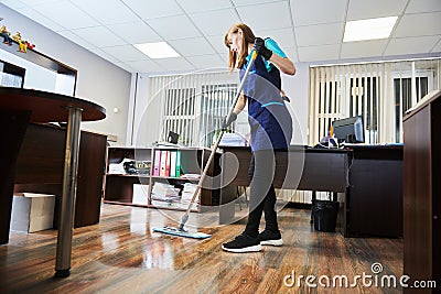 Cleaning service. wiping office floor with mop Stock Photo