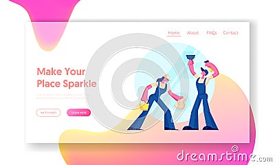 Cleaning Service Website Landing Page. Male and Female Characters Washing and Wiping Window with Rag. Professional Cleaning Vector Illustration