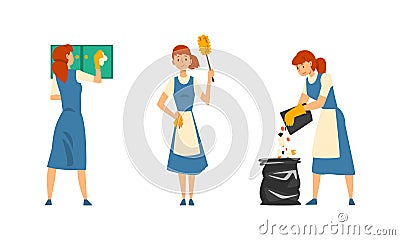 Cleaning Service with Woman in Apron Working Discard Rubbish and Dusting Vector Set Vector Illustration