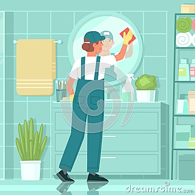 Cleaning service. Woman cleaner in uniform washes the mirror in the bathroom Cartoon Illustration