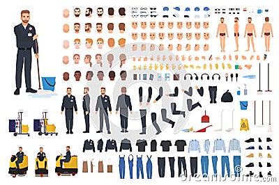 Cleaning service worker creation set or constructor. Bundle of janitor body parts, gestures, uniform and clothing Vector Illustration