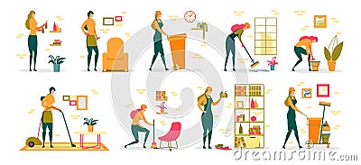 Cleaning Service Worker and Household Activities. Vector Illustration