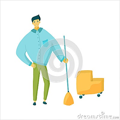 Cleaning service worker with mop and janitorial cart Vector Illustration