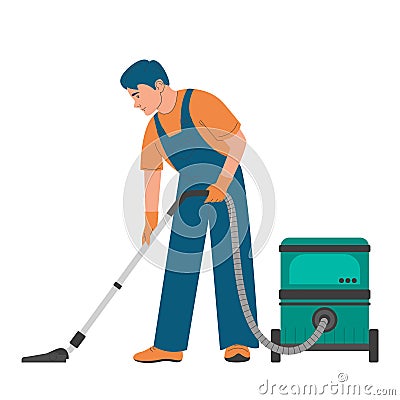 Cleaning service worker with vacuum cleaner isolated Vector Illustration