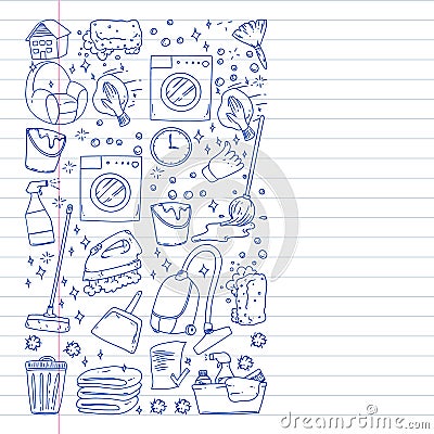 Cleaning services company vector monochrome pattern on white background, drawing pen, notebooks lined Vector Illustration