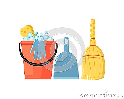 Cleaning set in a flat style vector illustration isolated on white background. Vector bucket, broom, scoop, gloves, sponge. Vector Illustration