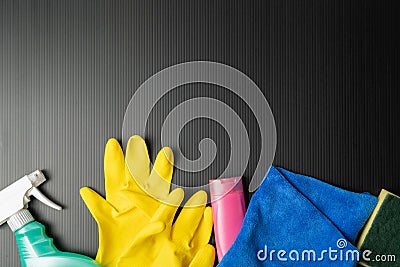 Cleaning set for house care, cleaning for COVID-19 coronavirus epidemic. Top view Stock Photo