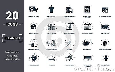 Cleaning set icons collection. Includes simple elements such as Loundry Delivery, Dry Cleaning, Express Cleaning, Self-Service Stock Photo
