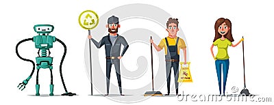 Cleaning staff character with equipment. Cartoon vector illustration. Vector Illustration