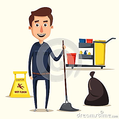 Cleaning staff character with equipment. Cartoon vector illustration. Vector Illustration