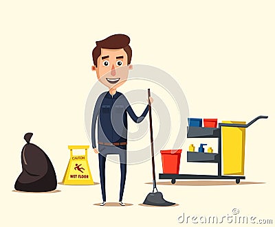 Cleaning staff character with equipment. Cartoon vector illustration. Vector Illustration