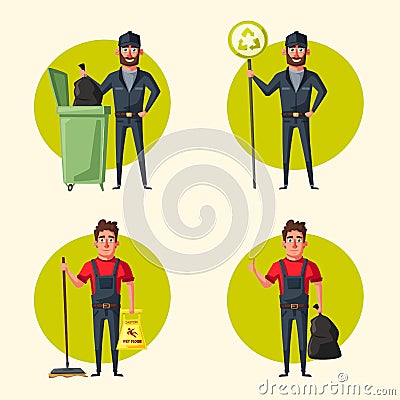 Cleaning staff character with equipment. Cartoon vector illustration. Vector Illustration