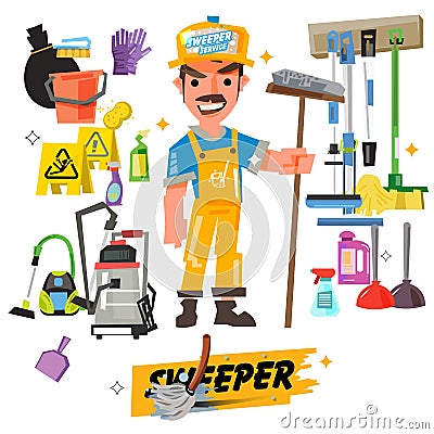 Cleaning staff characters with cleaning equipment come with typo Vector Illustration
