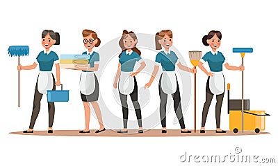 Cleaning staff characters design. Happy Cleaning. Cleaning company vector concept design Vector Illustration