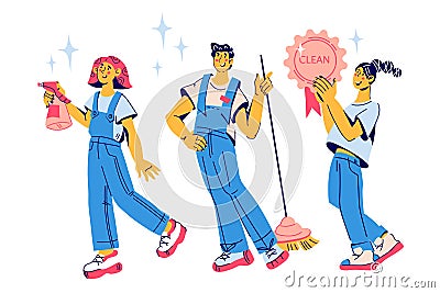 Cleaning staff characters with working tools., flat cartoon vector Vector Illustration