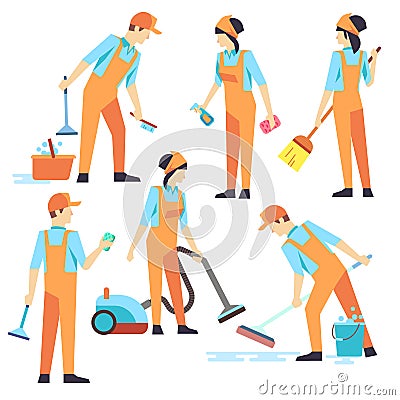 Cleaning staff in different positions. Vector illustration Vector Illustration