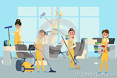 Cleaning staff team in office vector illustration Vector Illustration