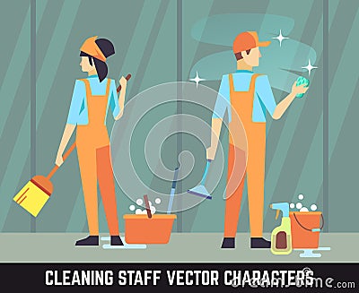 Cleaning staff vector characters woman and man with tools Vector Illustration